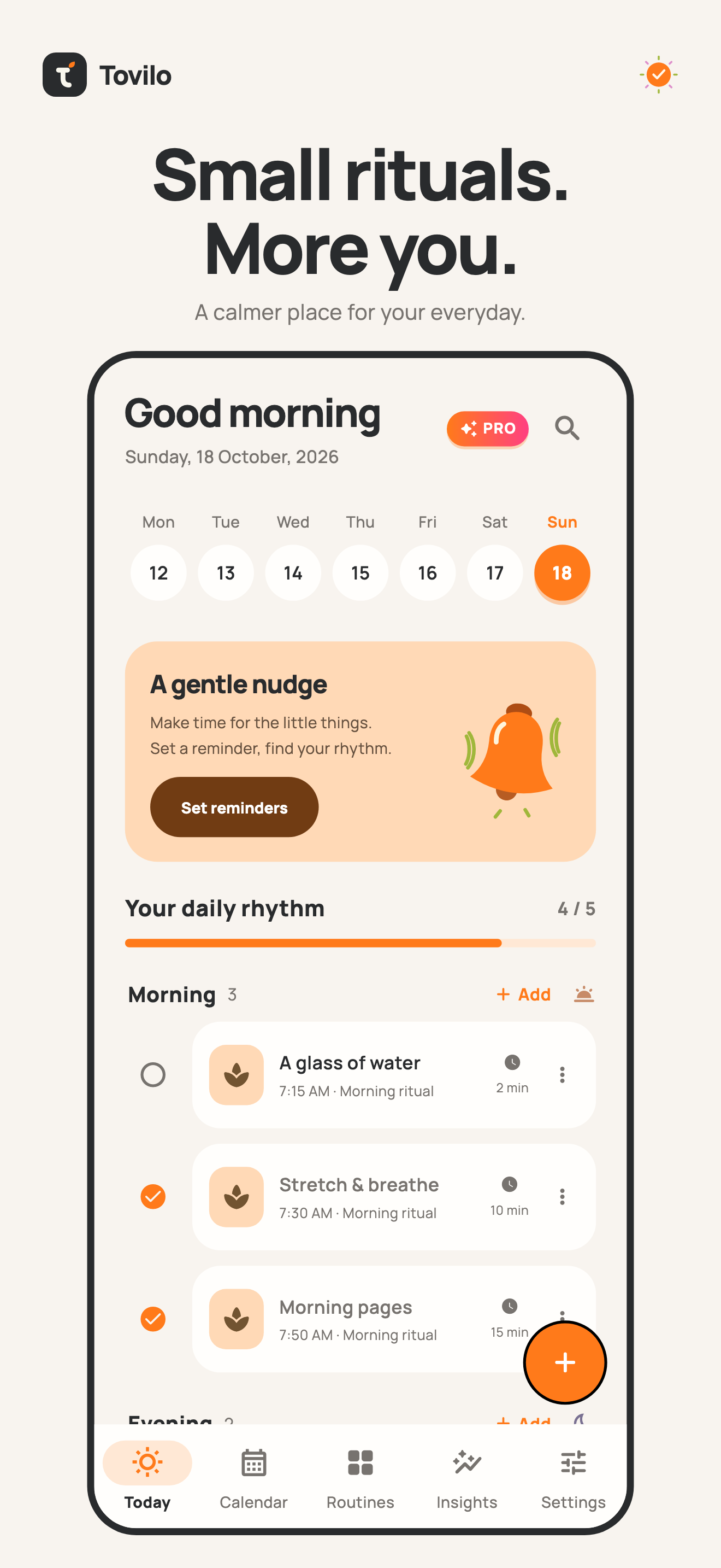 Tovilo app screen showing today's timeline with morning, afternoon, and evening routines